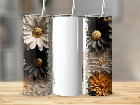 Three white tumblers with floral and glitter designs.