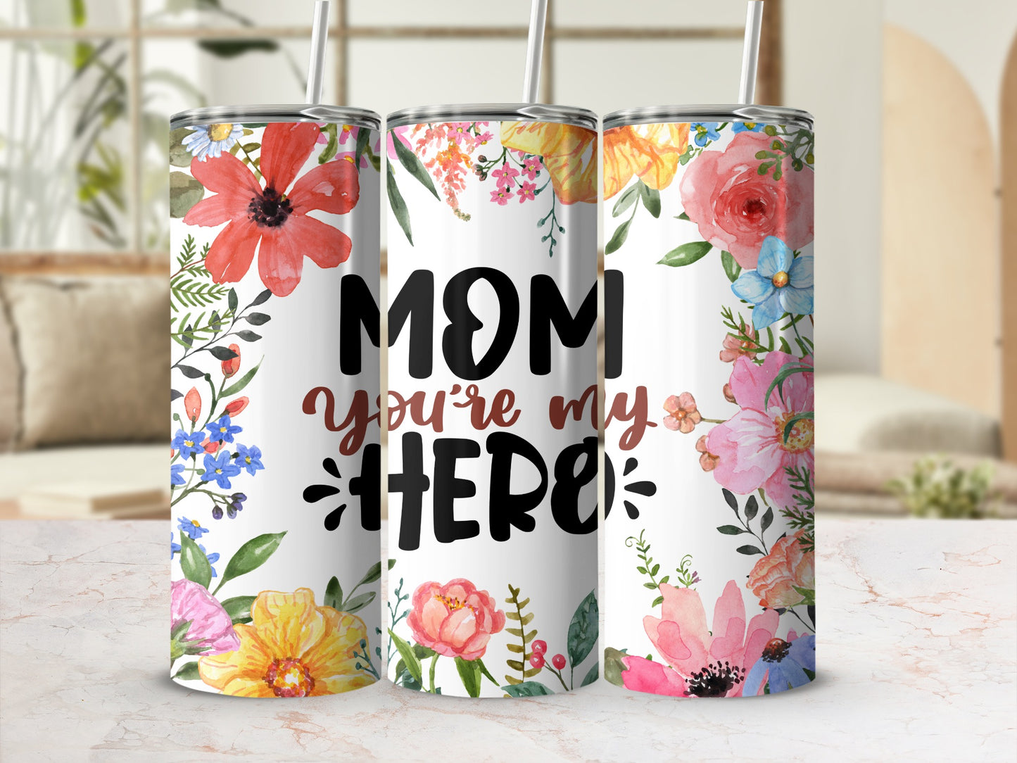 Mom You're My Hero Floral Design Travel Mug