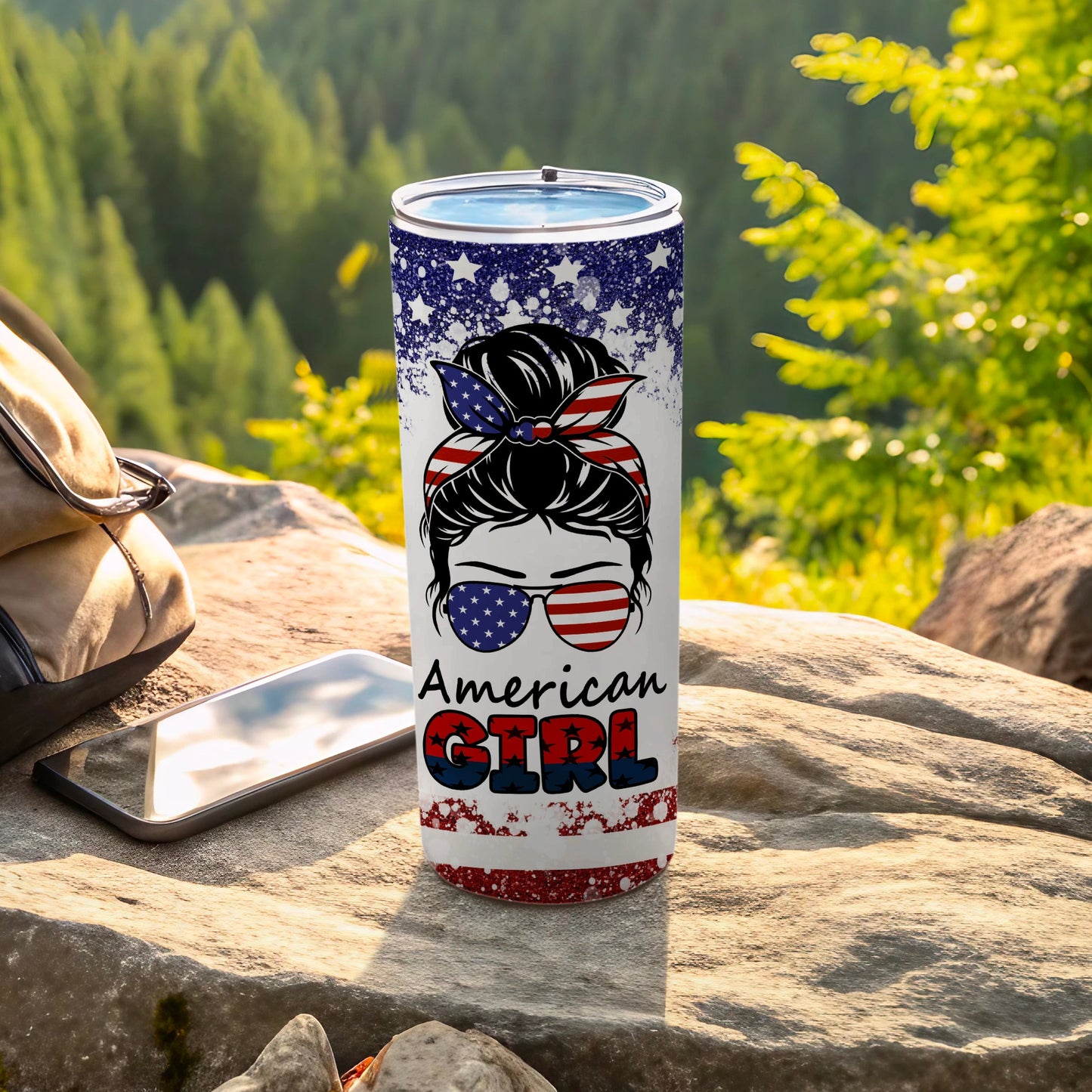 Tumbler with American flag bandana, sunglasses, and "American Girl" text.