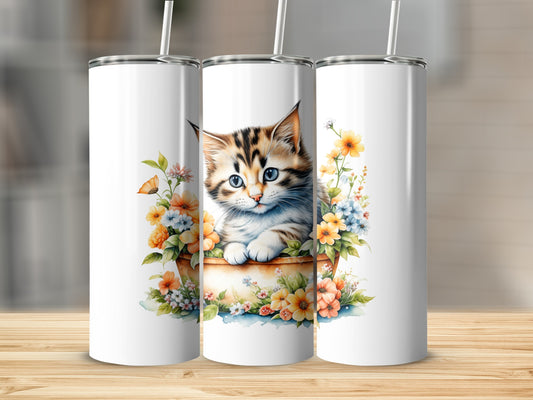 Cute kitten with flowers in a bucket, watercolor style.