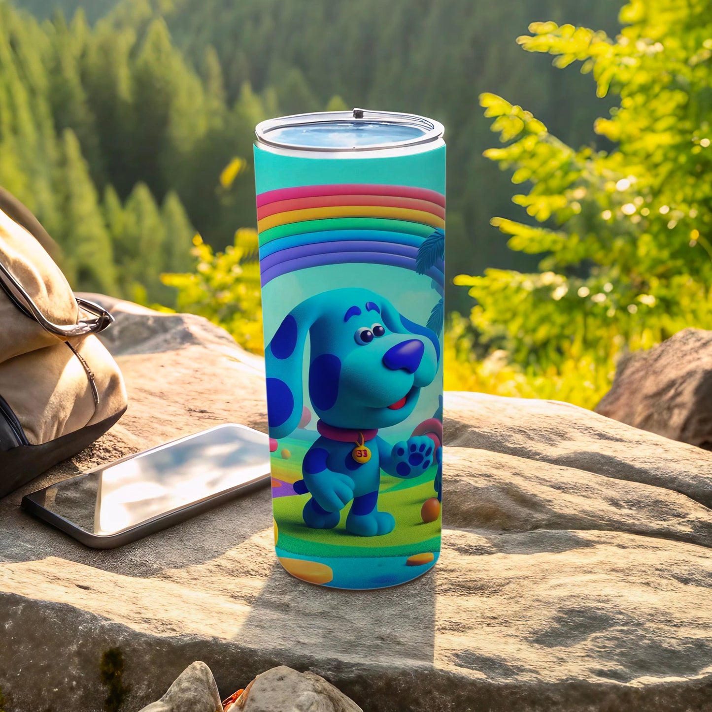 Cute Blue Cartoon Dog in Rainbow Scene tumbler