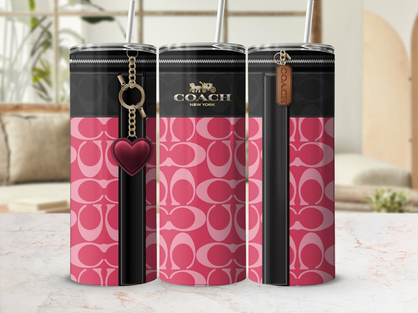 Pink and Black Coach New York Tumblers with Heart Charm