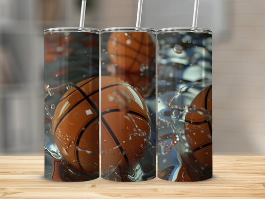 Three basketballs splash into water, with one in foreground.