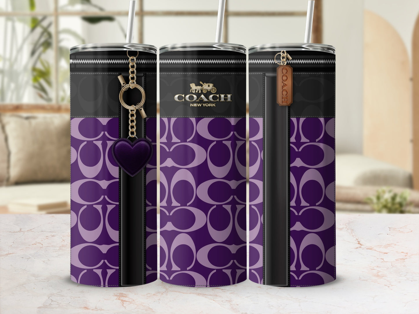 Coach New York Purple Patterned Tumbler with Charm