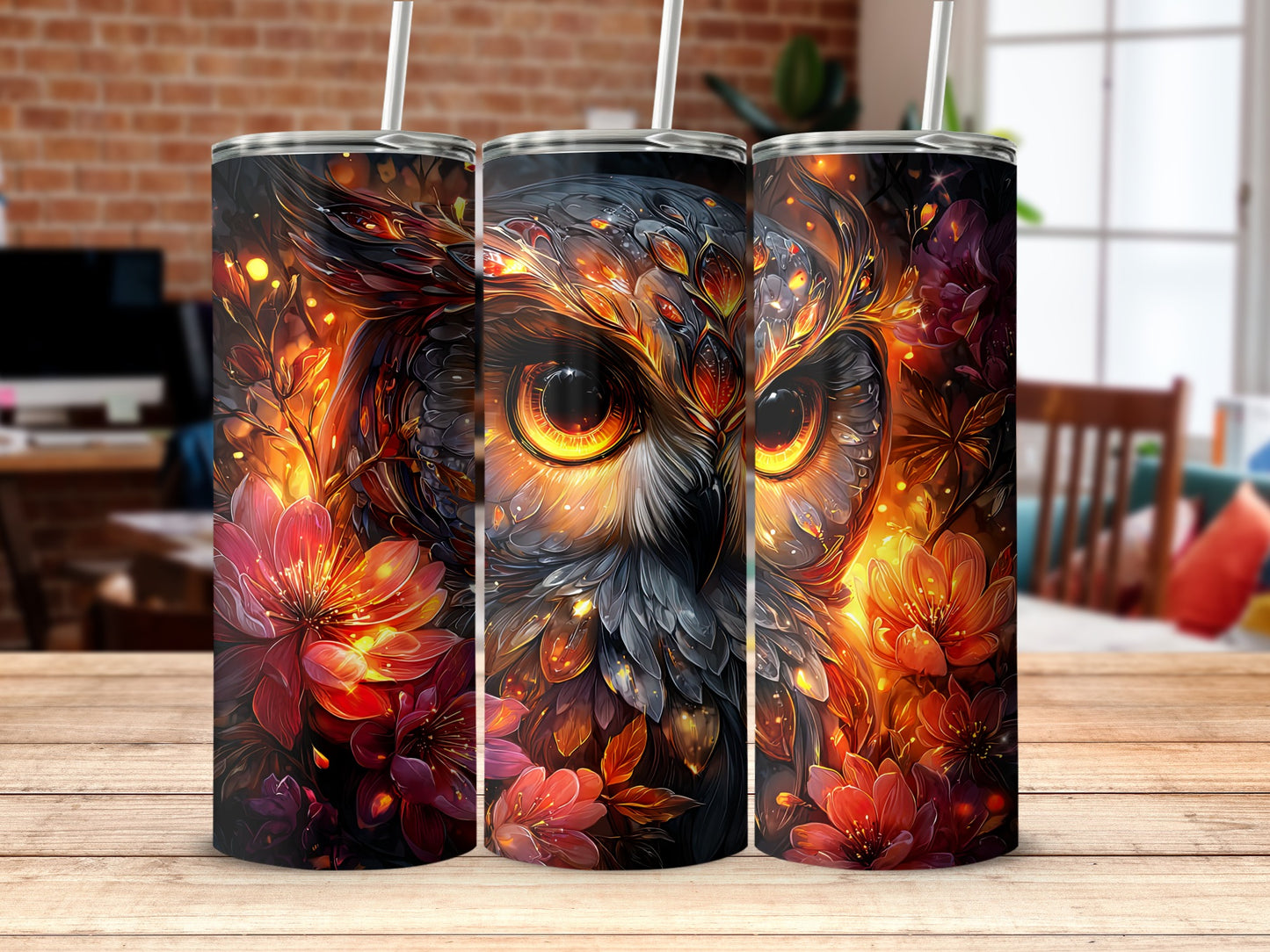 Vibrant Fiery Owl and Floral Design Tumbler
