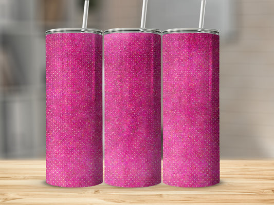 Three pink glitter tumblers with straws on a wooden surface.