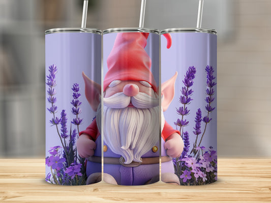 Gnome tumbler with lavender flowers and straw.