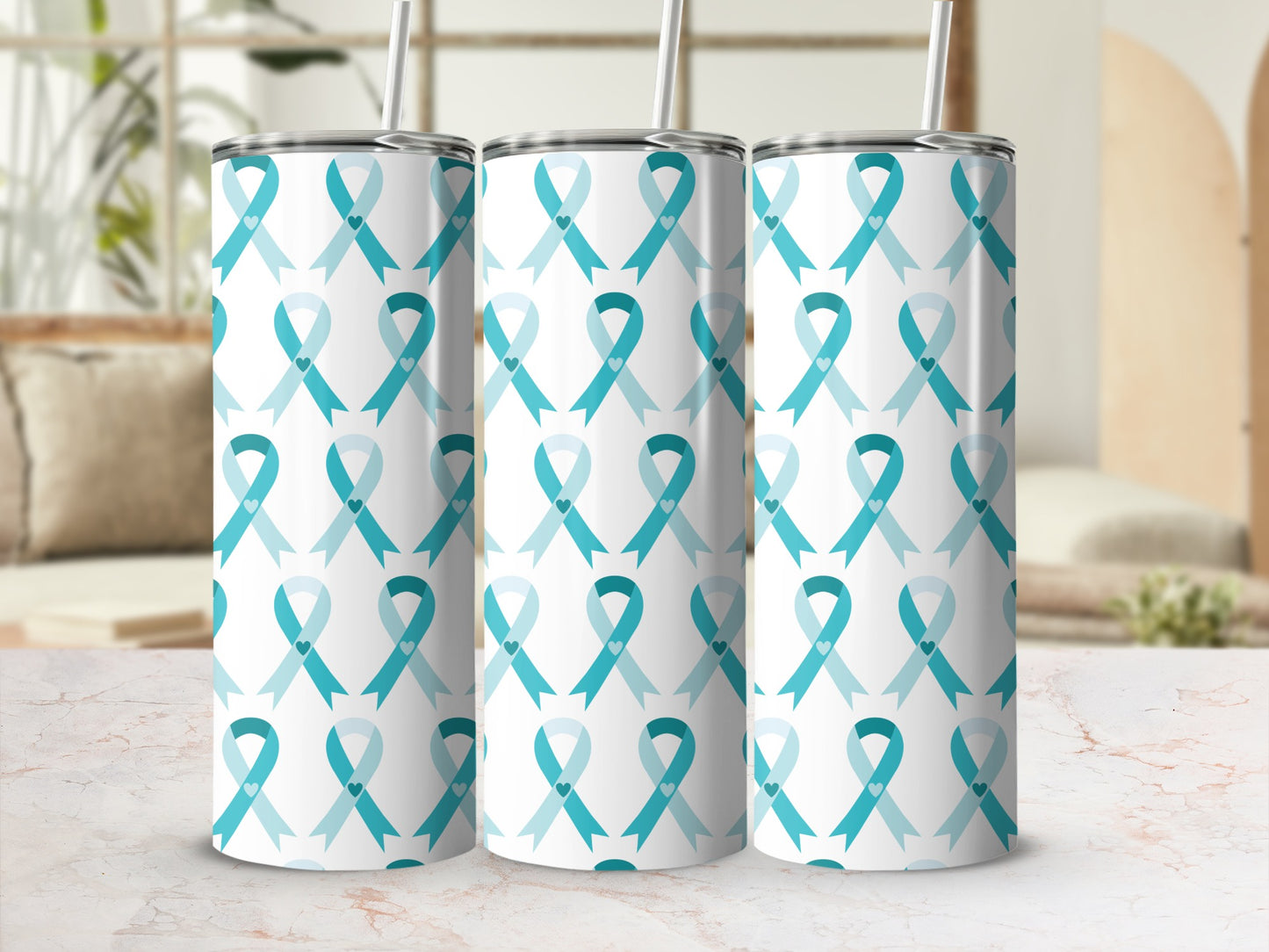Teal and White Ribbon Patterned Tumbler with Straw