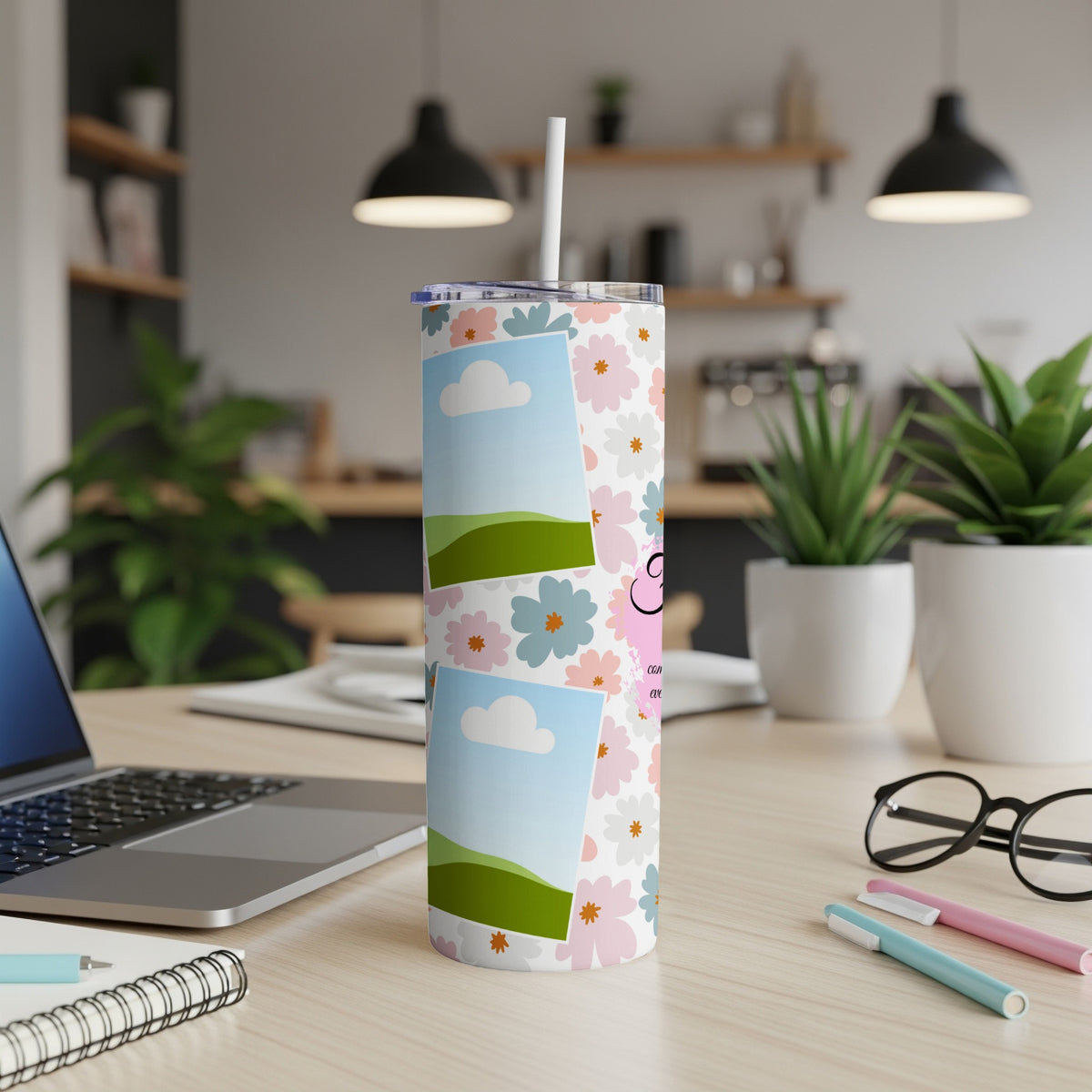 Tumbler with floral pattern, photo frames, and a pink heart graphic.