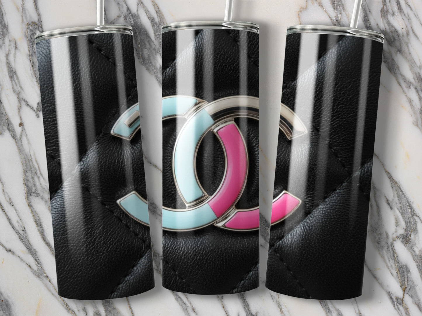 Double C Logo in Aqua Pink Pattern Tumbler