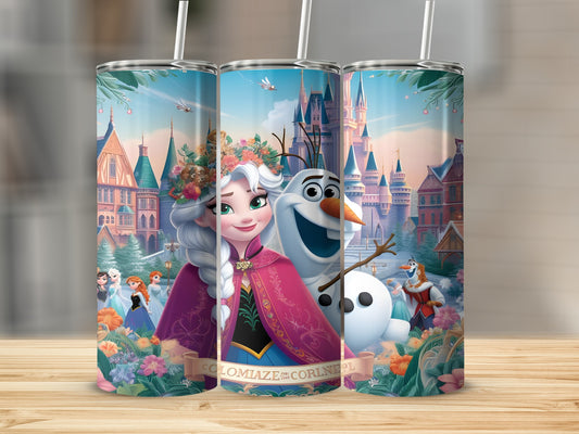 Elsa and Olaf from Frozen with castles and flowers on a tumbler.