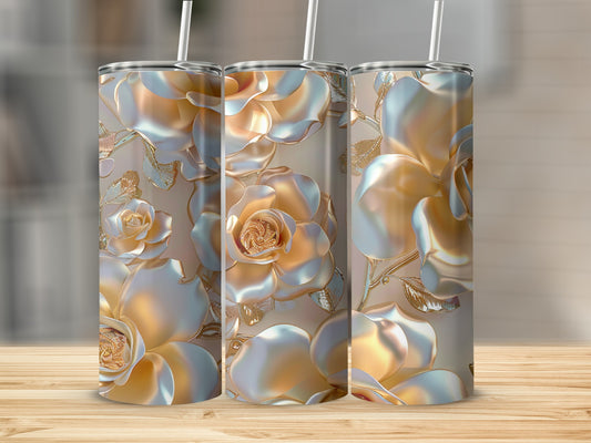 Three tall tumblers with embossed gold and pearl roses.