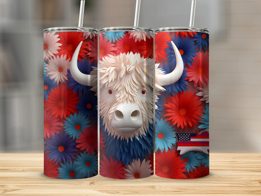 Triptych of tumblers with fluffy white buffalo and red, white, and blue flowers.