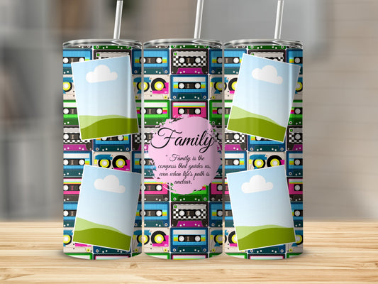Tumbler with cassette tape pattern, photo frames, and the quote "Family is the compass".