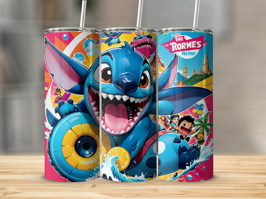 Stitch and friends illustration on a set of three colorful skinny tumblers.