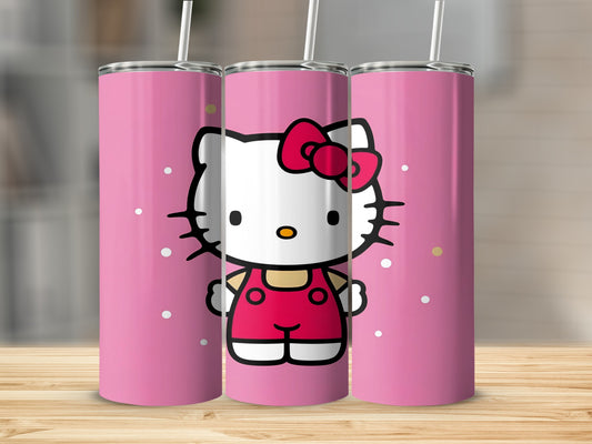 Pink tumbler with Hello Kitty graphic and white polka dots.