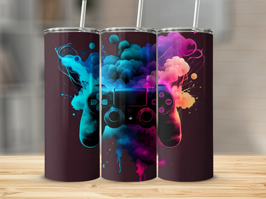 Three tumblers with gaming controllers surrounded by colorful smoke.