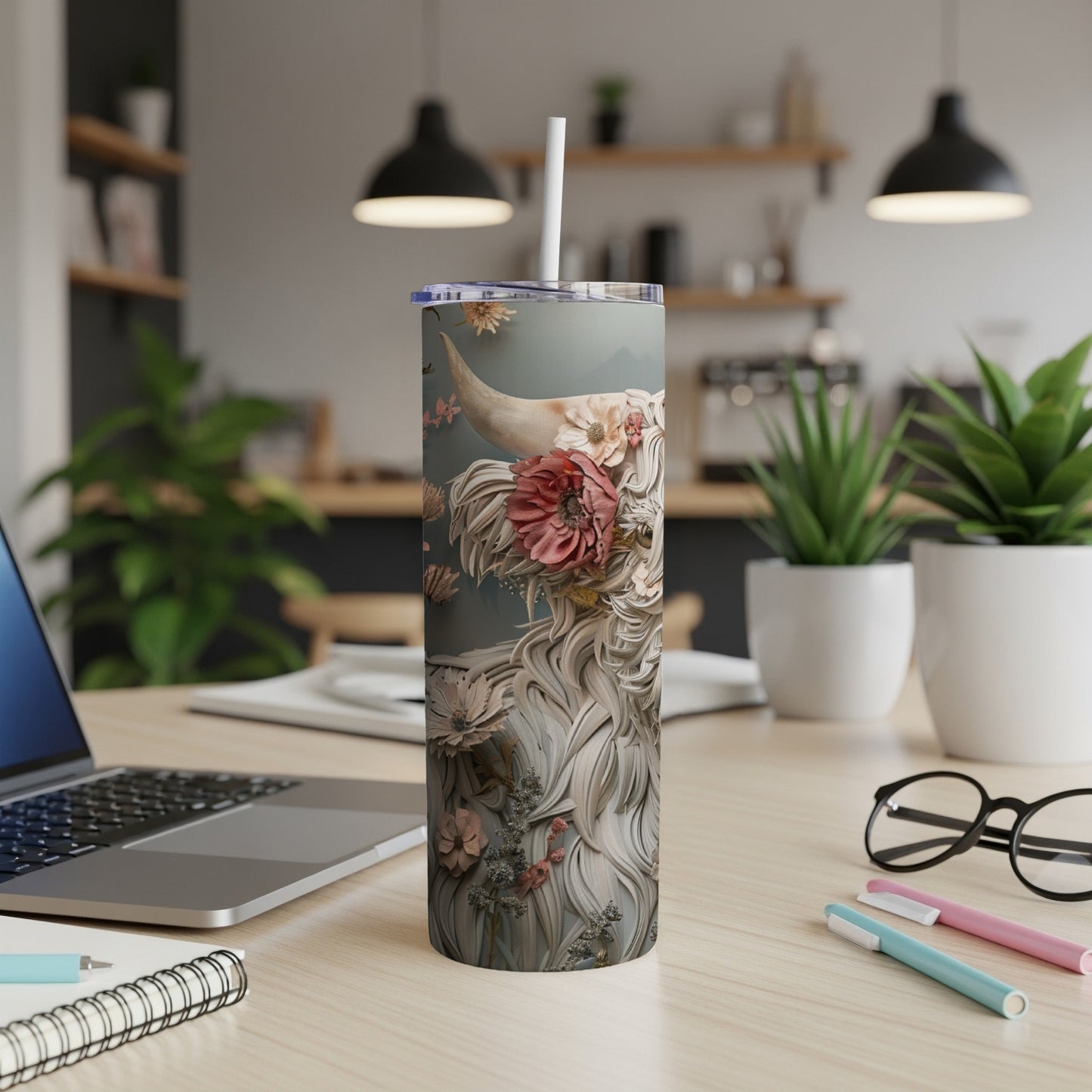 Floral Crowned Highland Bull Artistic Design Tumblers