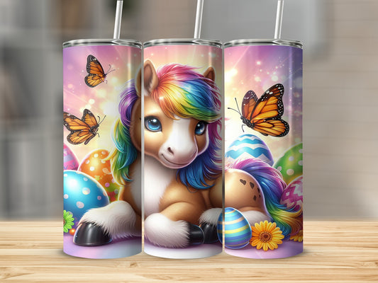 Rainbow unicorn with butterflies and Easter eggs.