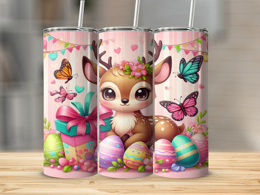 Cute deer with Easter eggs and butterflies on a pink patterned tumbler.