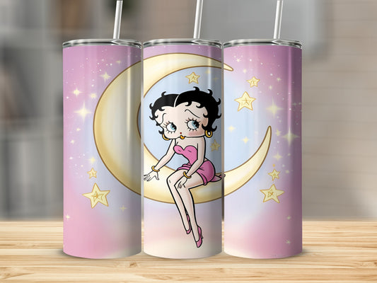 Betty Boop sitting on a crescent moon with stars and pink background.
