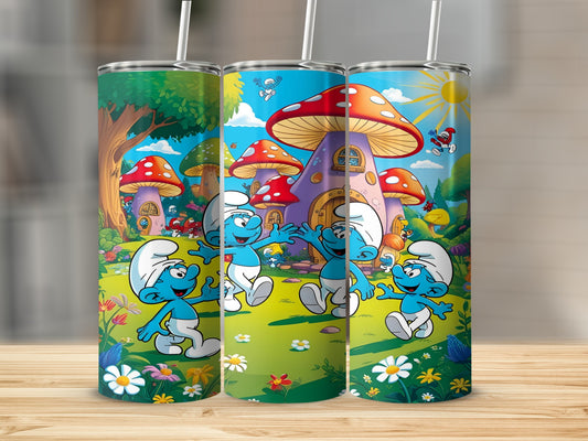 Smurfs with mushroom houses and flowers on a tumbler.