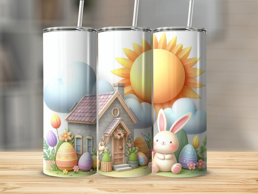 Easter bunny, house, eggs, tulips, and sun design on three tumblers.
