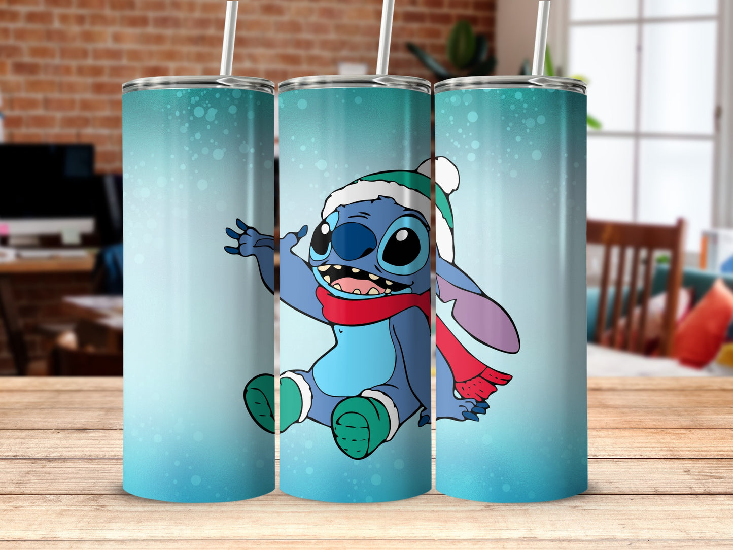 Happy Blue Cartoon Character On Winter Themed Tumbler