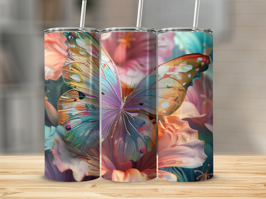 Three tumblers with colorful butterfly and floral designs.
