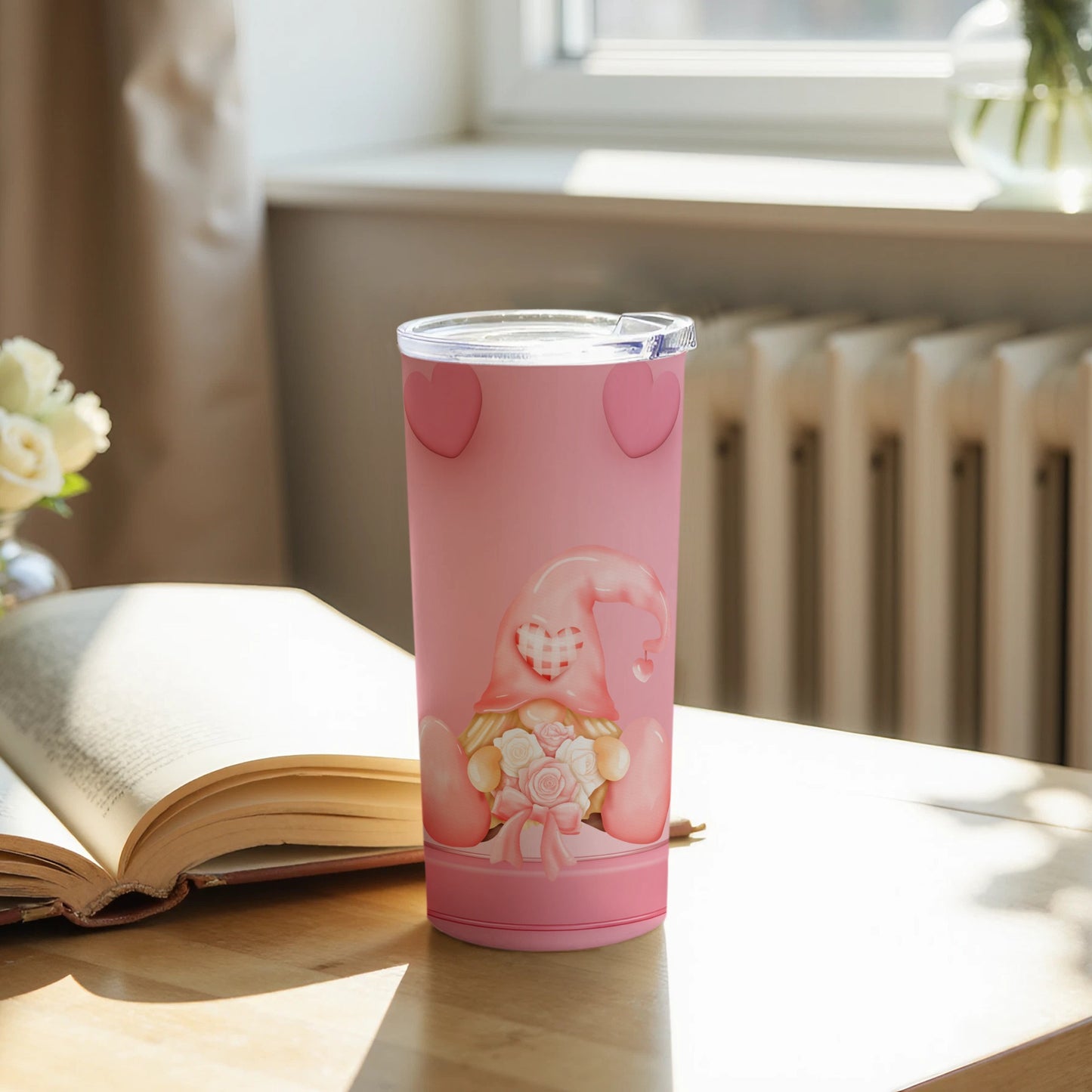 Cute Pink Gnome Tumbler with Floral Heart Design