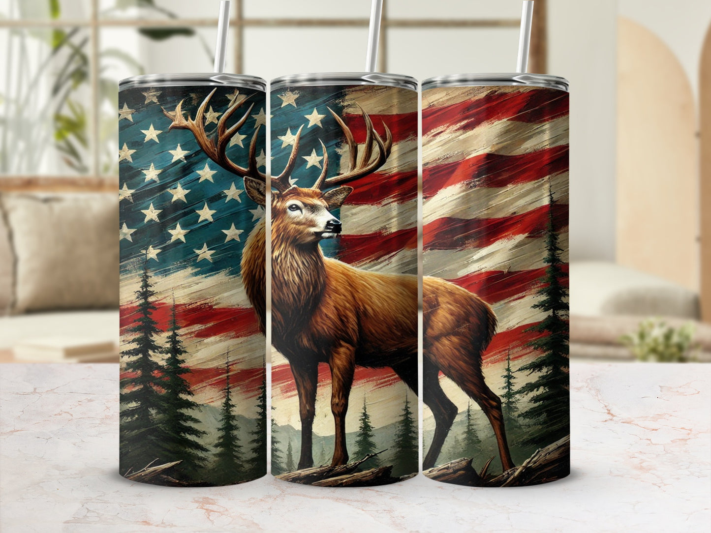 Patriotic Deer Illustration with US Flag Tumbler