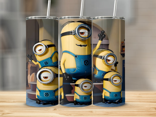 Minions in denim overalls with one eye, on a tumbler.