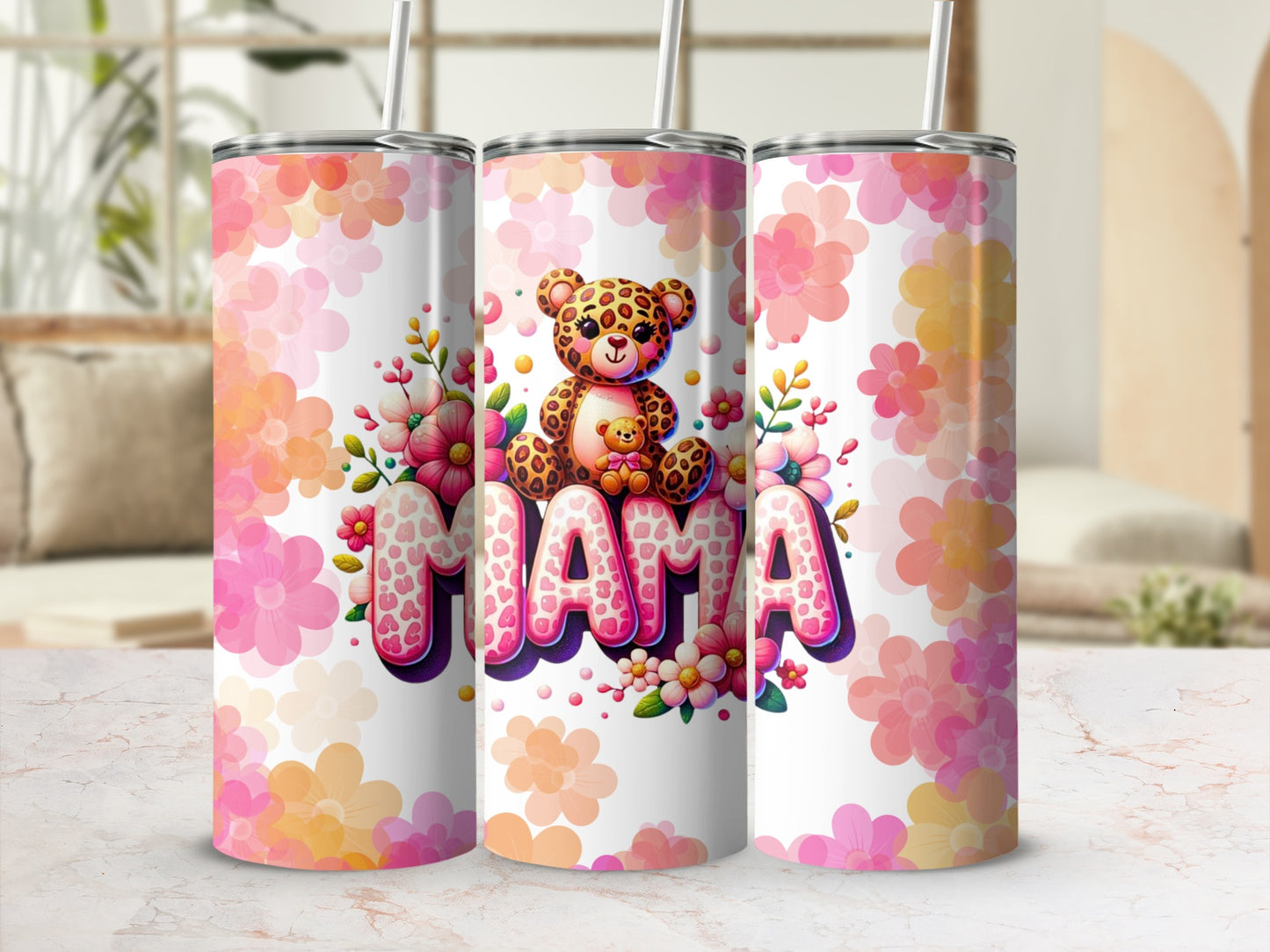 Cute Bear and Floral Personalized MOM Tumbler Design