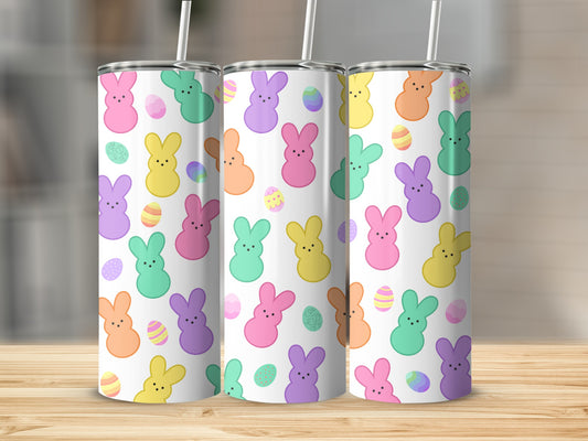 Easter Peeps bunnies and eggs pattern on three tumblers.