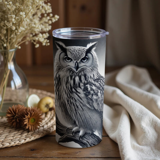 Realistic Grayscale Owl Tumbler with Lid
