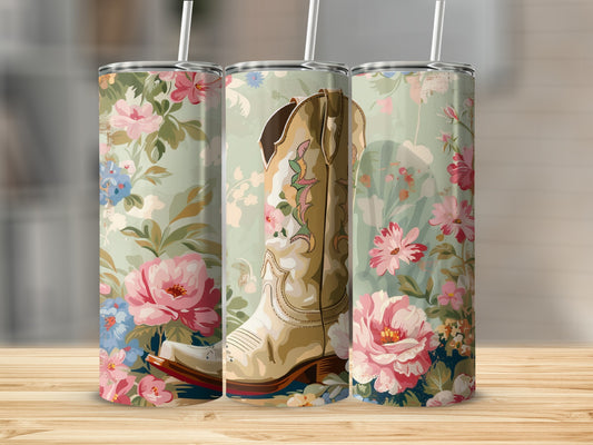Cowboy boot with floral background pattern.