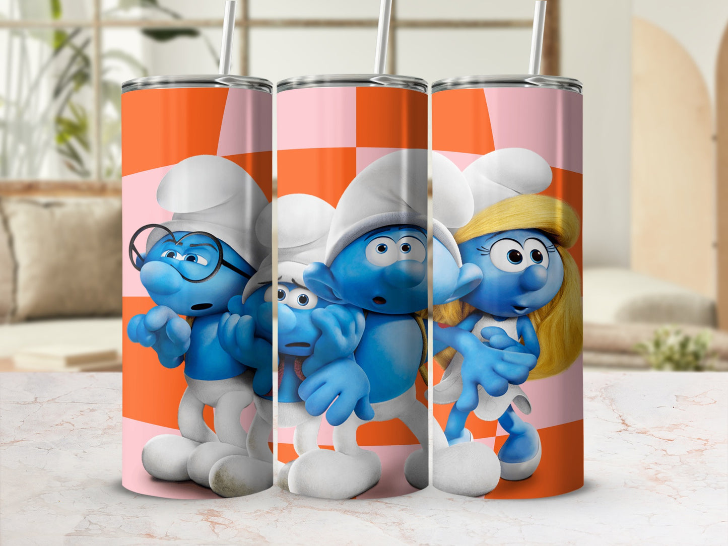 Colorful Smurfs Characters Tumbler with Straws