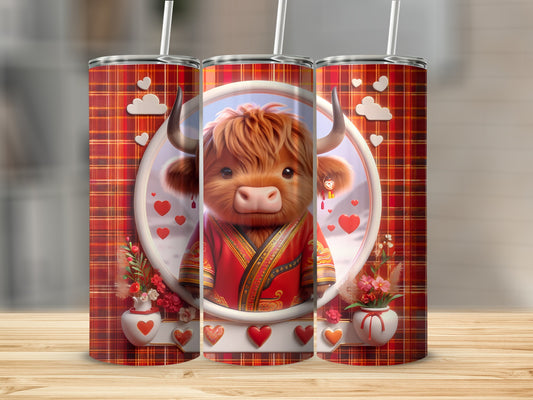 Cute Highland cow on a plaid tumbler with hearts and flowers.