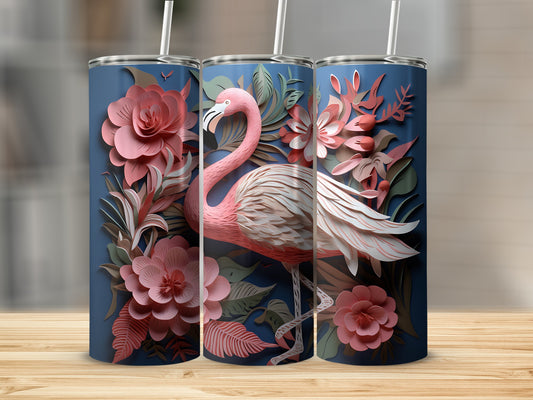 Three tumblers with a pink flamingo and floral design.