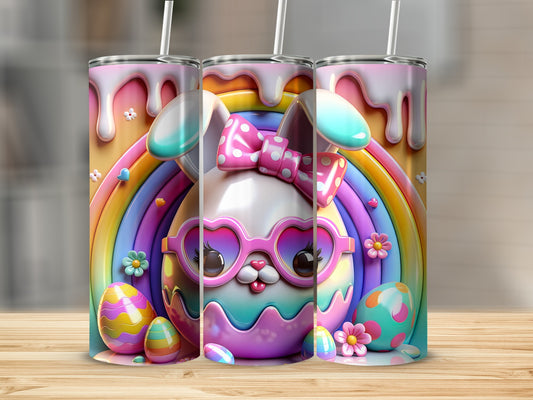 Easter bunny tumbler with pastel rainbow and colorful eggs.