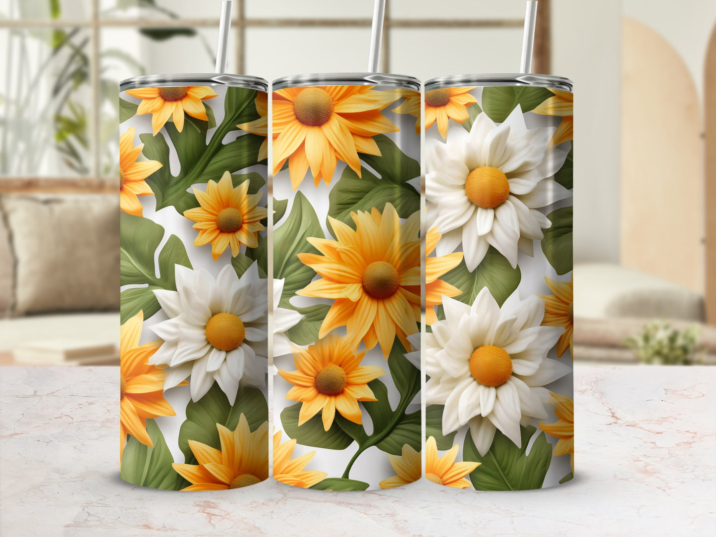 Vibrant Yellow and White Daisy Floral Design Tumbler