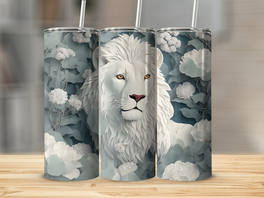 White lion with floral pattern on a 20oz skinny tumbler.