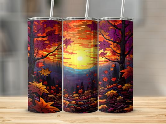 Three tumblers featuring a vibrant autumn forest sunset scene.