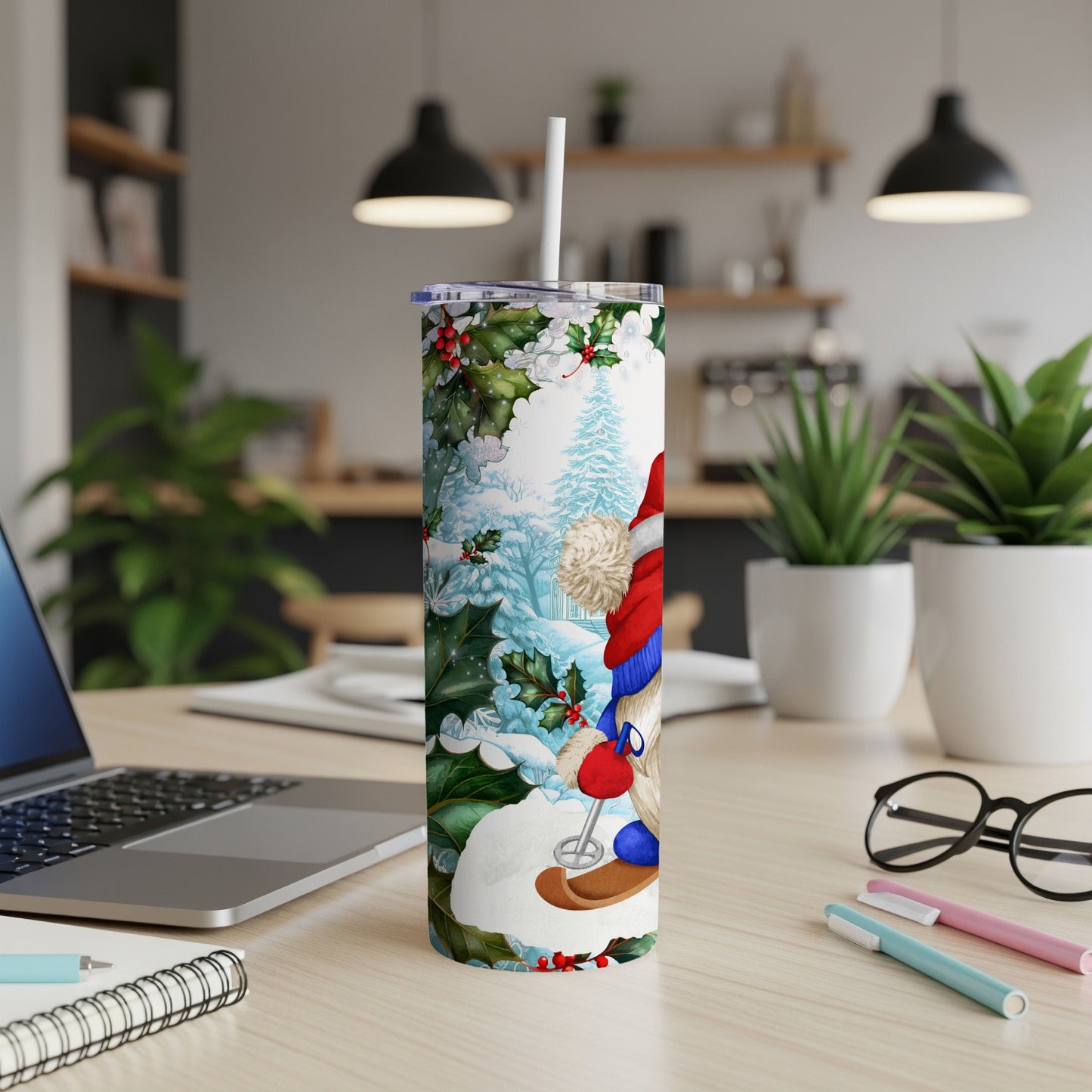 Santa Claus on skis in winter scene on a white tumbler.
