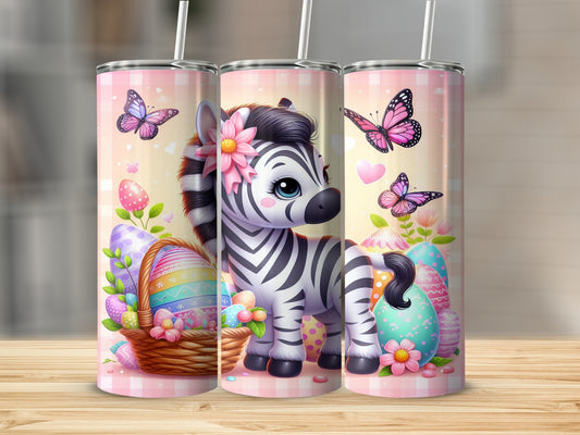 Cute cartoon zebra with Easter eggs and butterflies on a pink checkered background.
