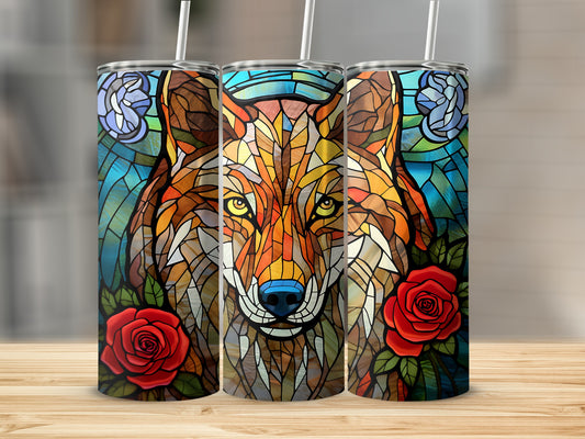 Stained glass wolf with red roses, colorful geometric design on tumbler.