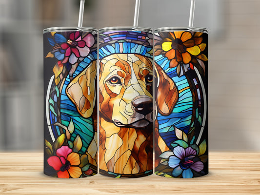 Three tumblers with a stained-glass dog portrait and floral border.