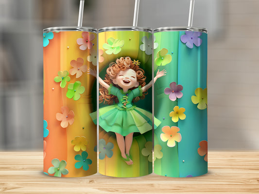 Three smiling cartoon girls in green dresses, surrounded by colorful flowers.