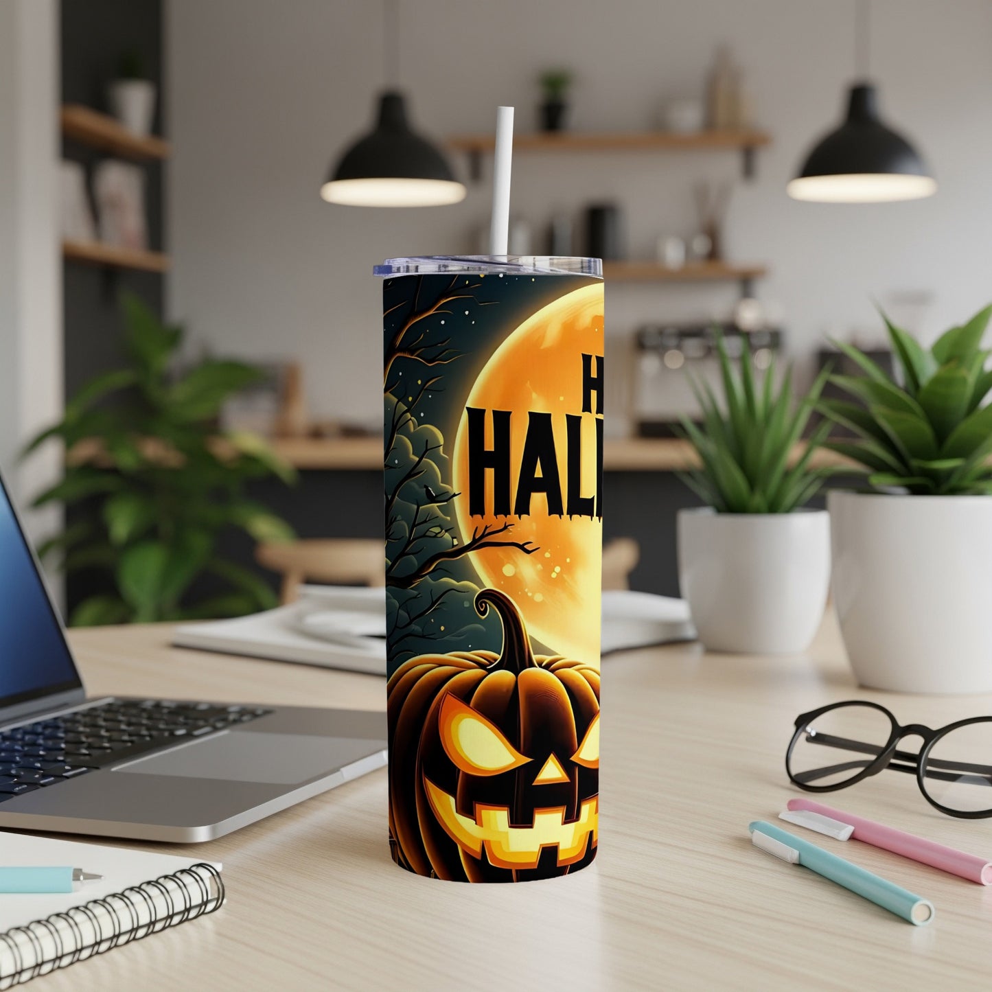 Tumbler with jack-o'-lantern and "Happy Halloween" text against a moonlit night.