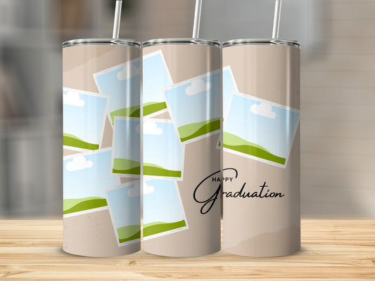 Three tumblers with a "Happy Graduation" design featuring scattered photo placeholders.